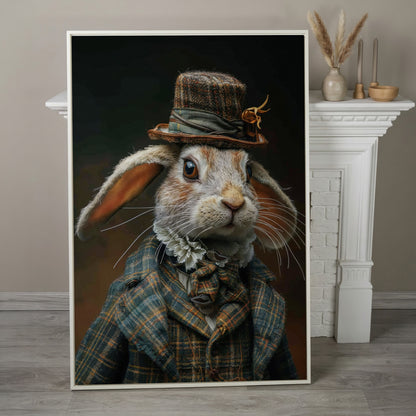 Elegant Bunny in Fancy Clothing Canvas in white floating frame