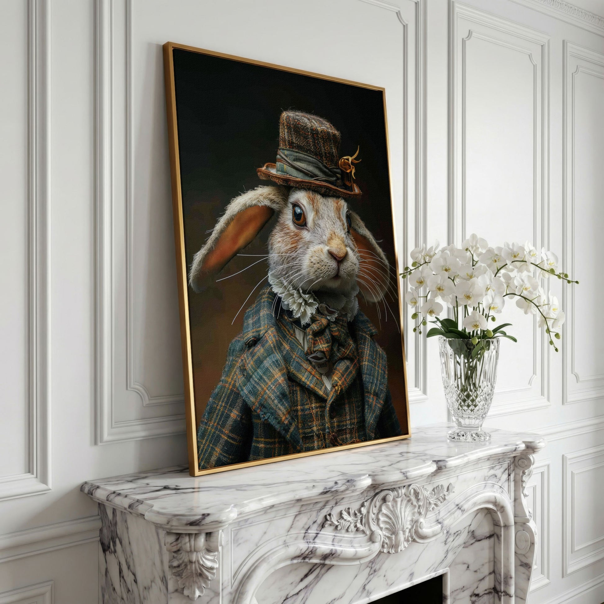 Elegant Bunny in Fancy Clothing Canvas in yellow gold floating frame