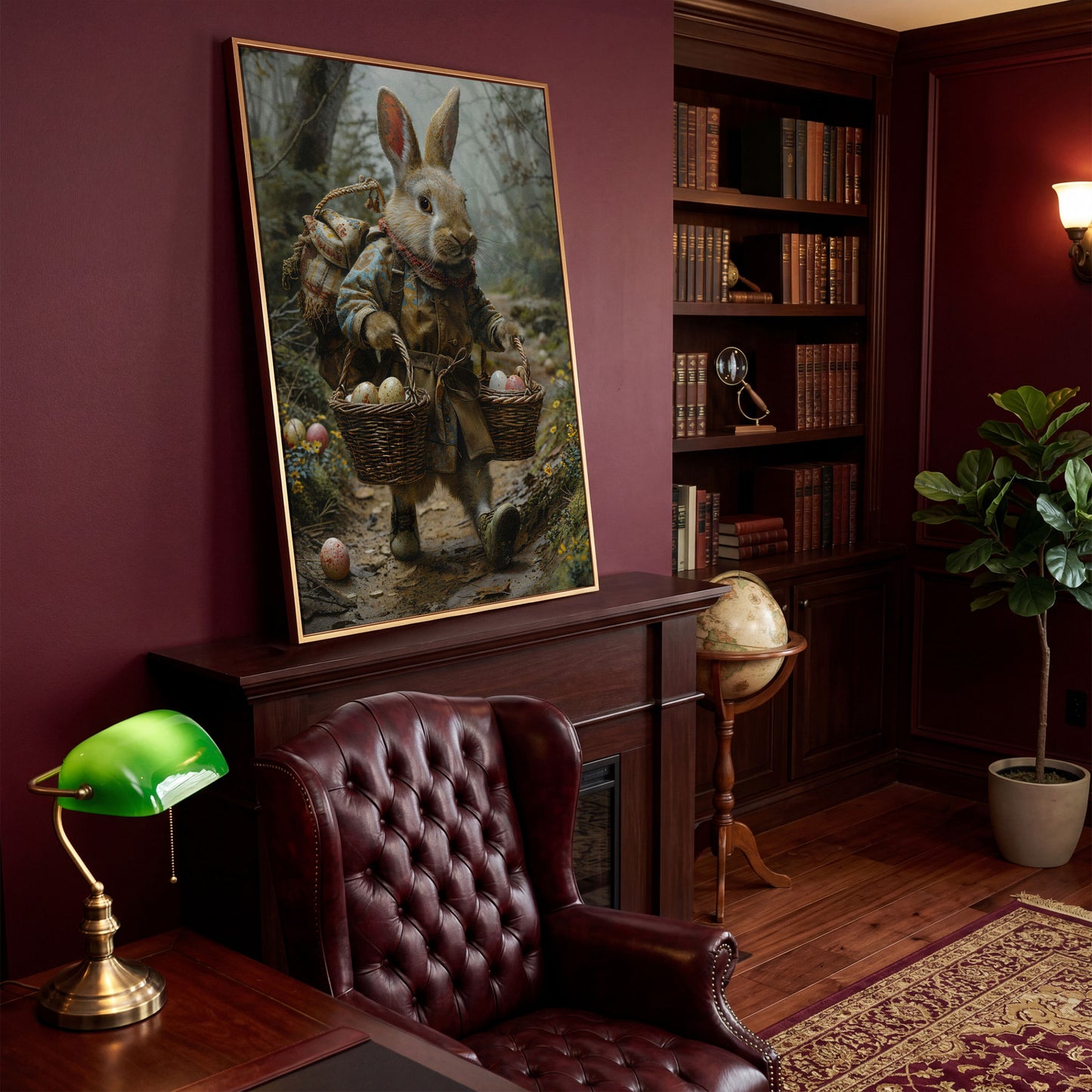 Easter Rabbit Explorer Canvas Print in antique gold floating frame