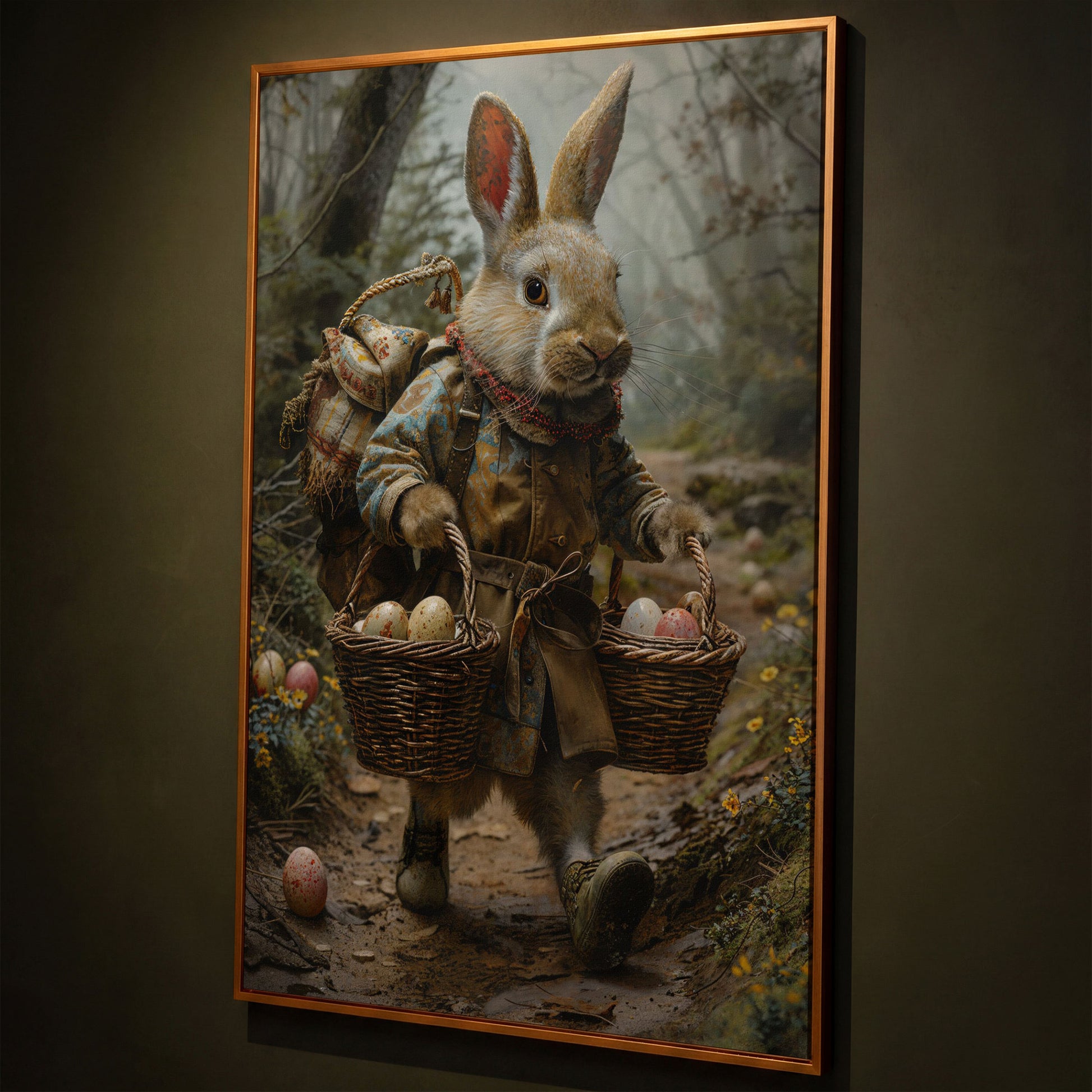 Easter Rabbit Explorer Canvas Print shown in antique gold floating frame