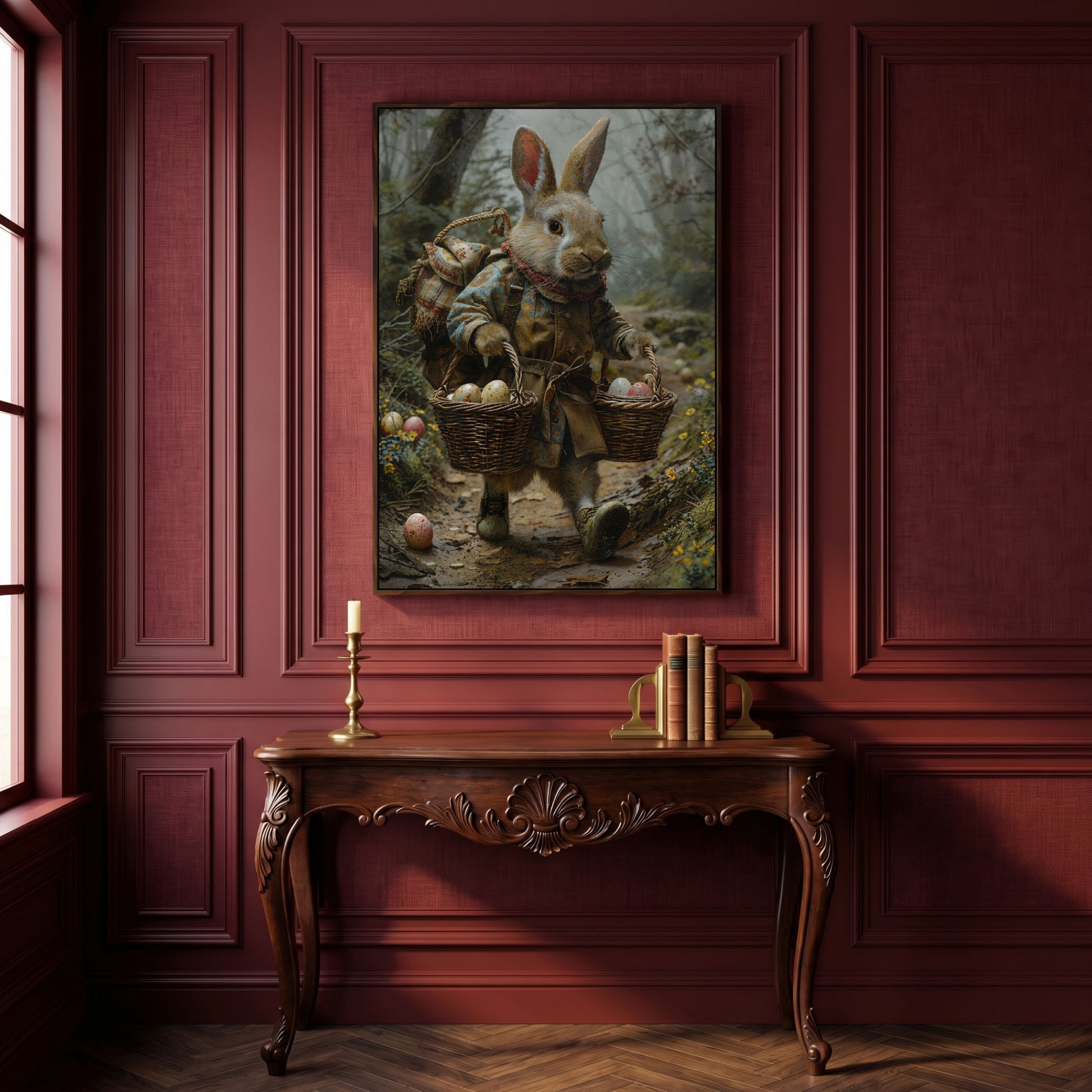 Easter Rabbit Explorer Canvas Print in dark walnut floating frame