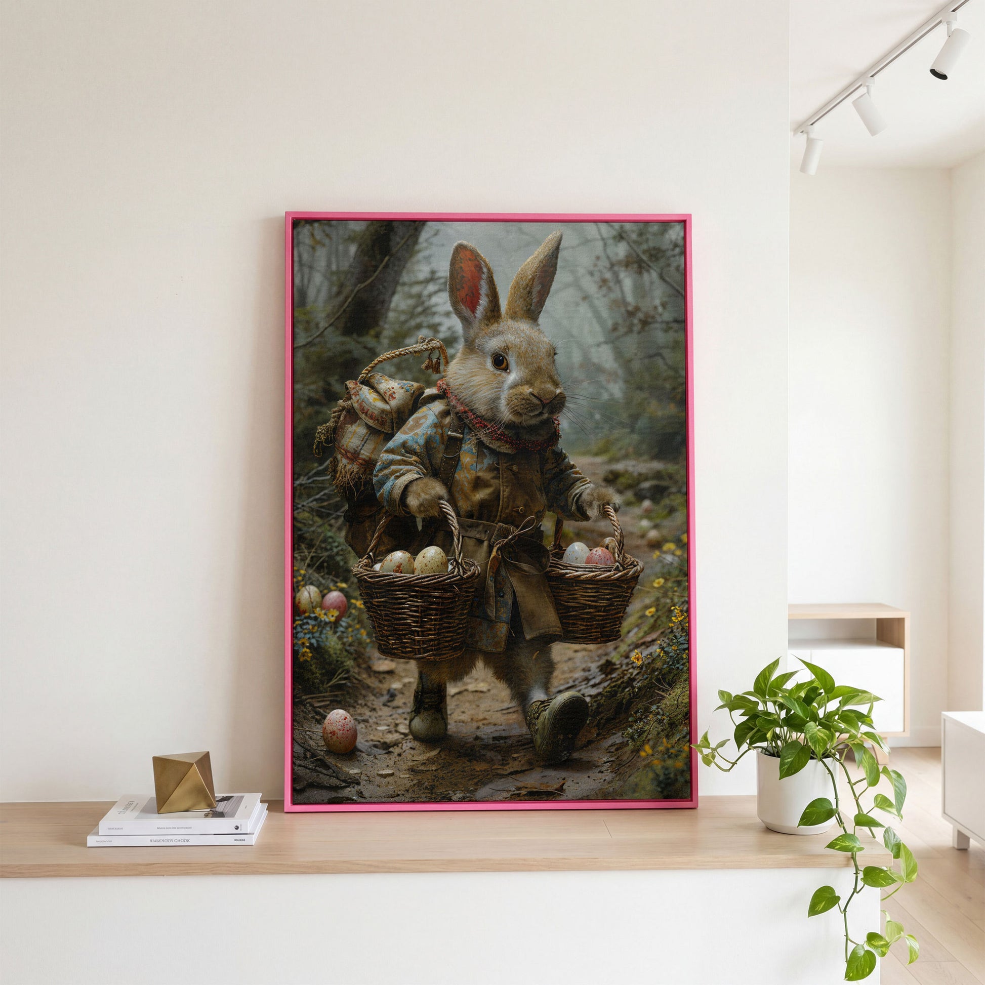 Easter Rabbit Explorer Canvas Print in pink floating frame