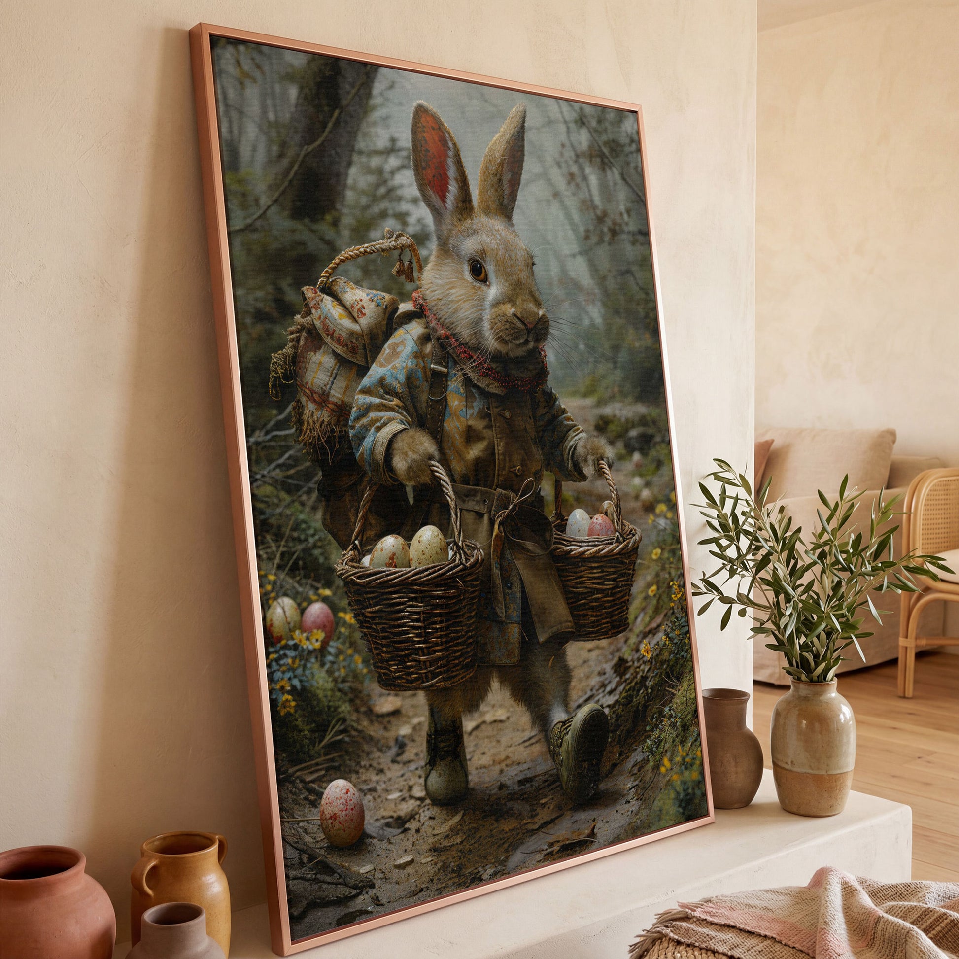 Easter Rabbit Explorer Canvas Print in rose gold floating frame