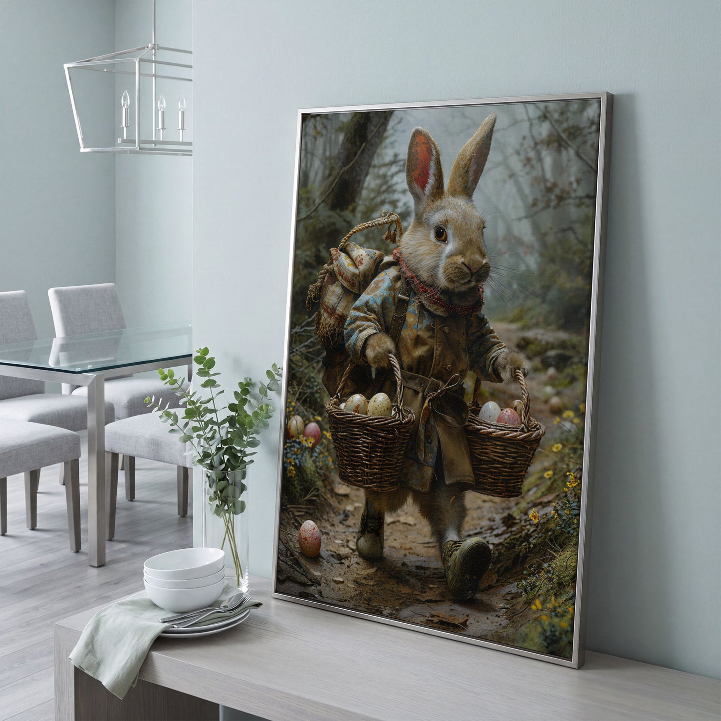 Easter Rabbit Explorer Canvas Print in silver floating frame
