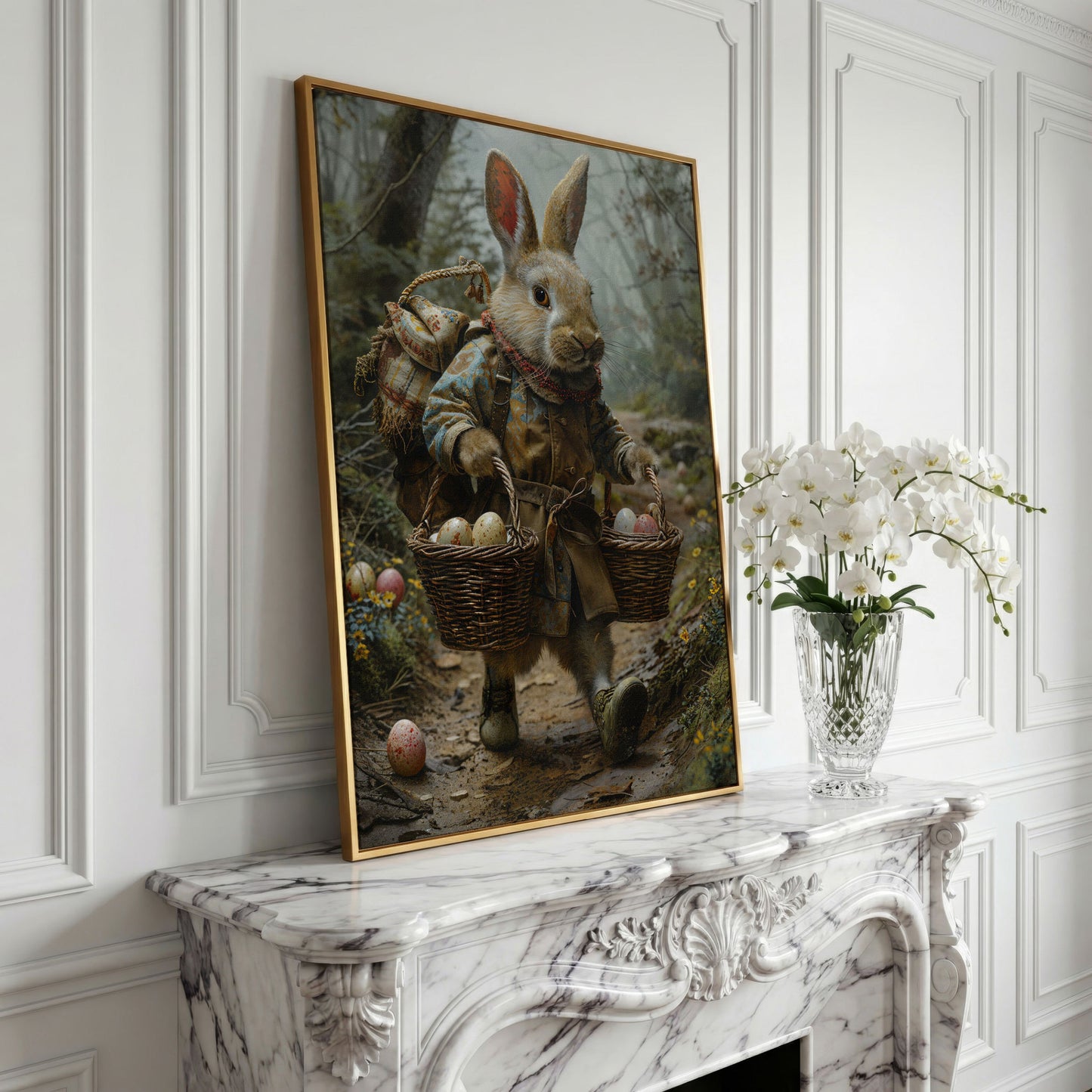 Easter Rabbit Explorer Canvas Print in yellow gold floating frame