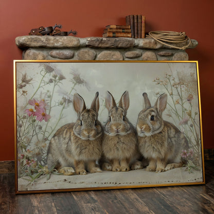 Fluffy Bunny with Spring Wildflowers Canvas in antique gold floating frame