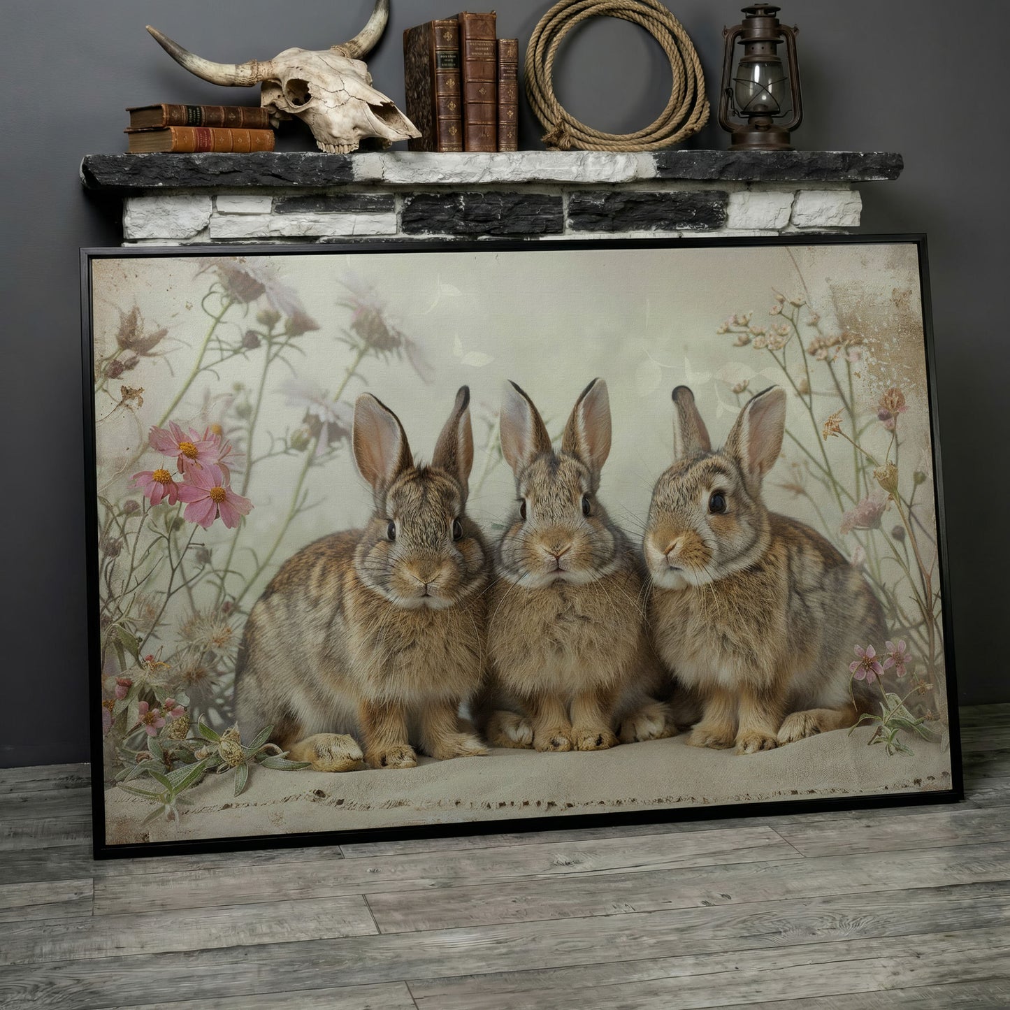 Fluffy Bunny with Spring Wildflowers Canvas in black floating frame