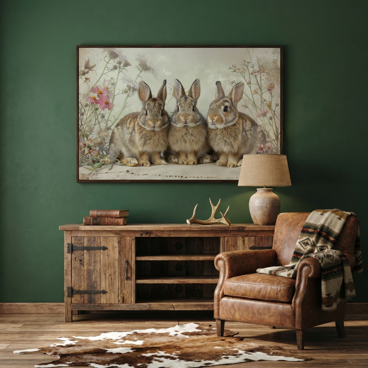 Fluffy Bunny with Spring Wildflowers Canvas in dark walnut floating frame