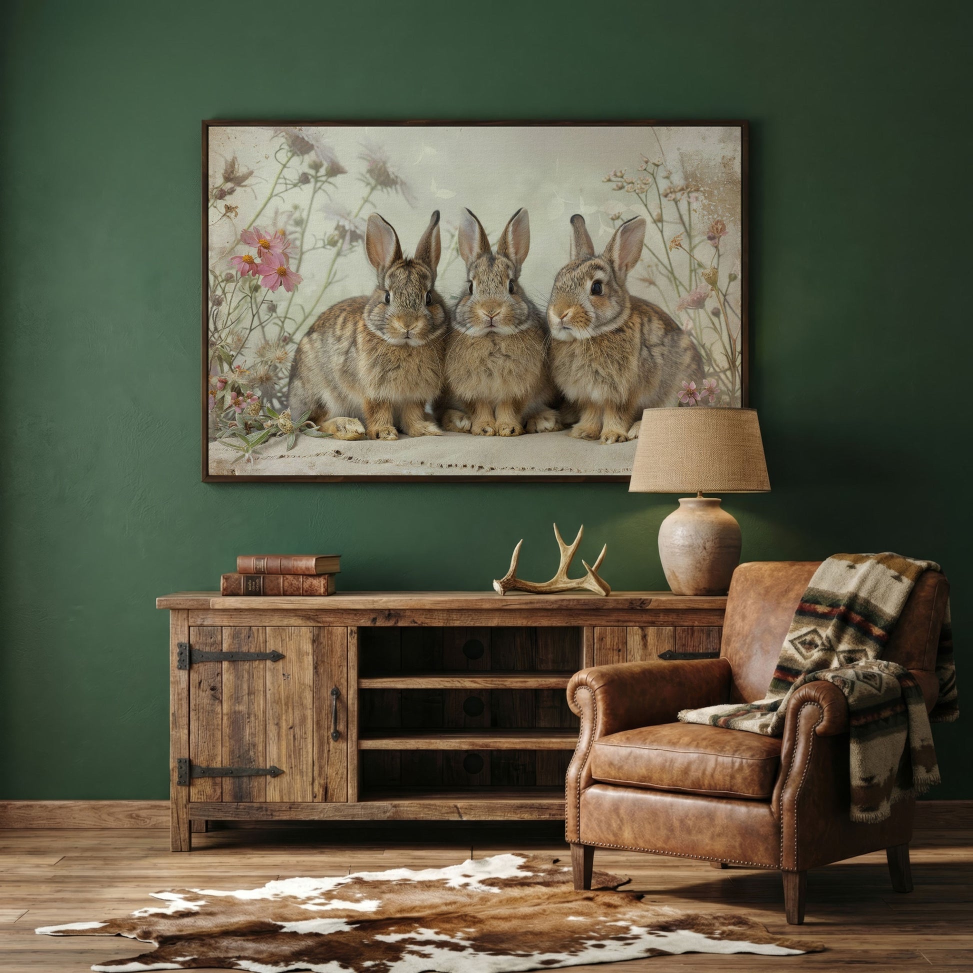 Fluffy Bunny with Spring Wildflowers Canvas in dark walnut floating frame