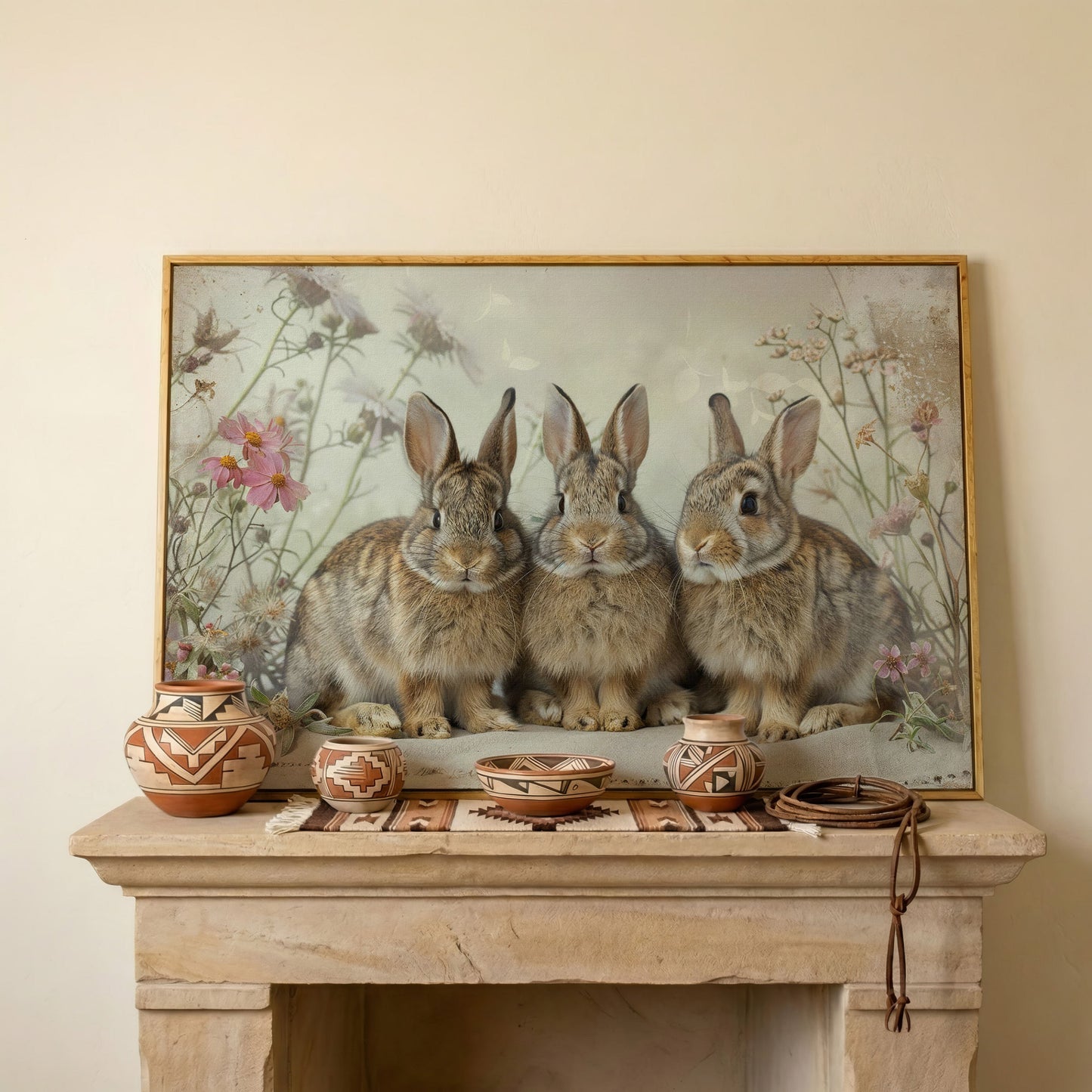 Fluffy Bunny with Spring Wildflowers Canvas in white oak floating frame