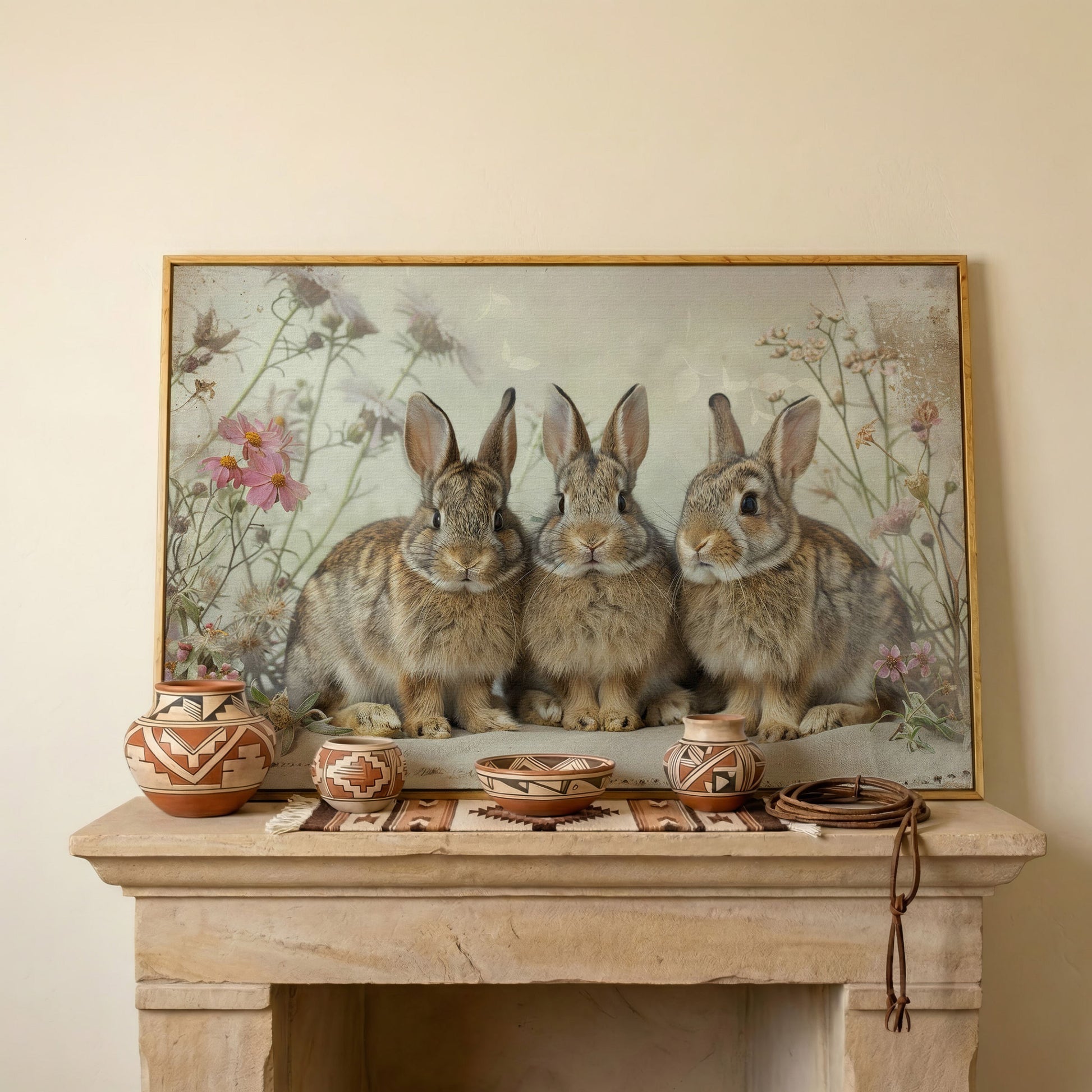 Fluffy Bunny with Spring Wildflowers Canvas in white oak floating frame