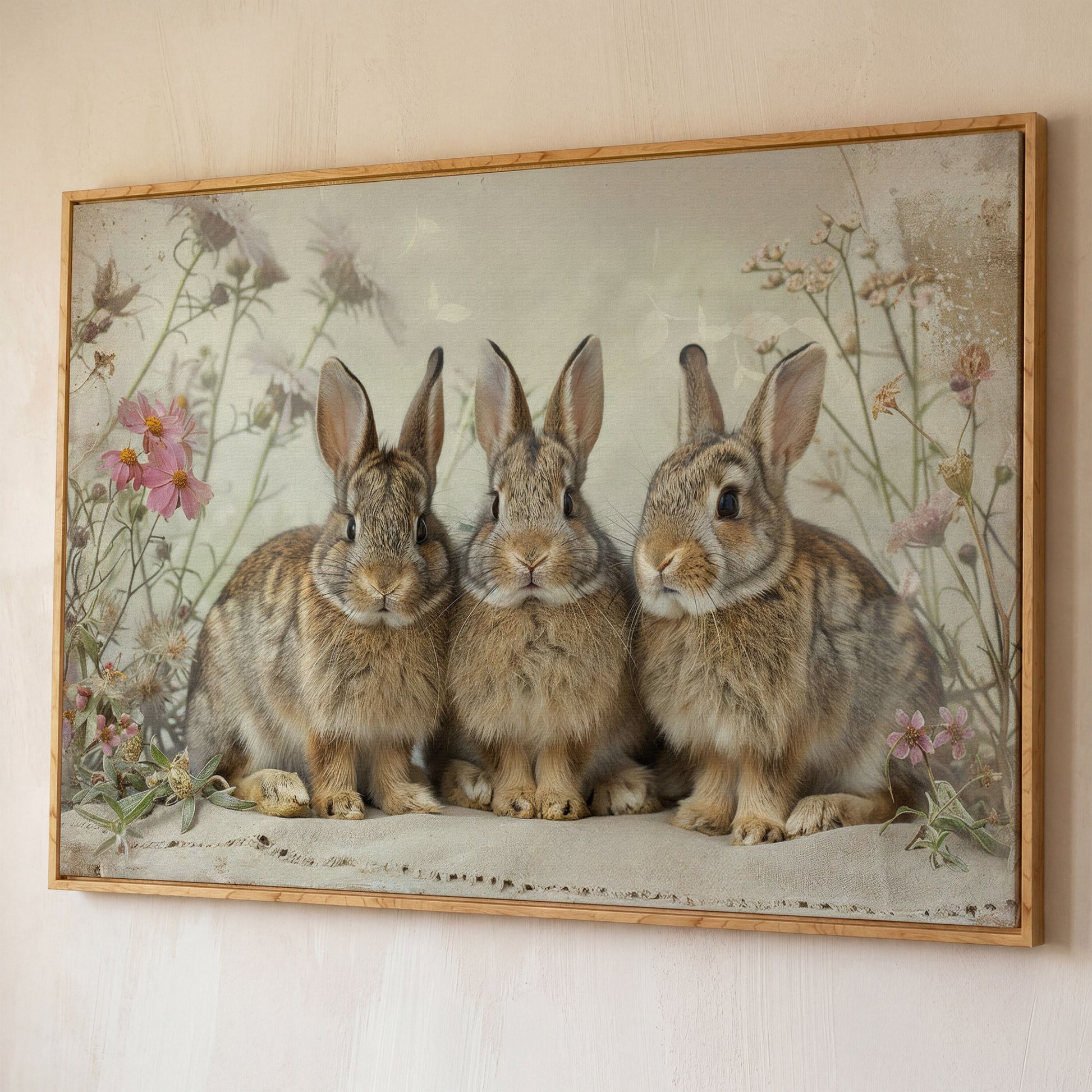 Fluffy Bunny with Spring Wildflowers Canvas shown in white oak floating frame
