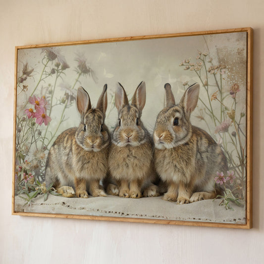 Fluffy Bunny with Spring Wildflowers Canvas shown in white oak floating frame