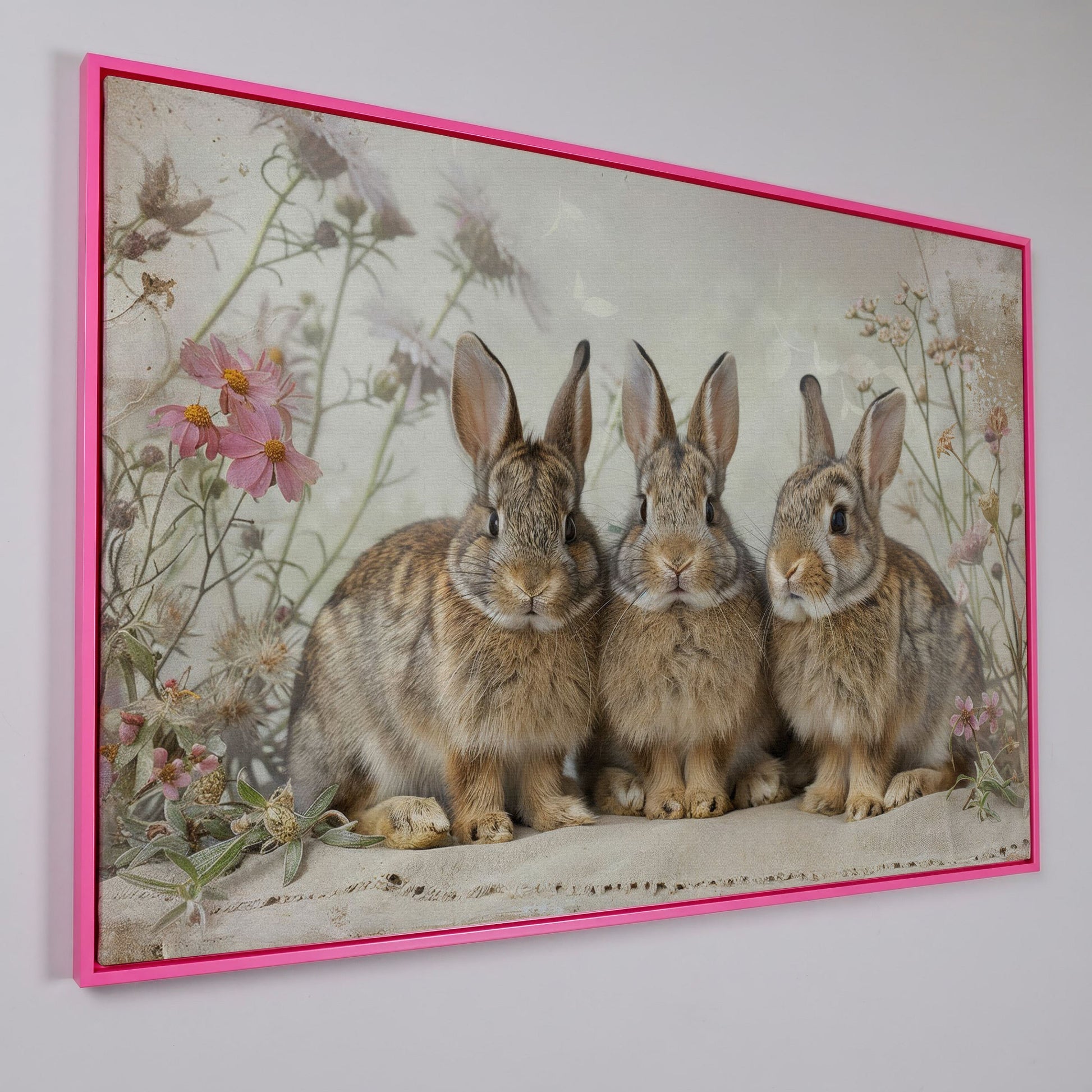 Fluffy Bunny with Spring Wildflowers Canvas in pink floating frame