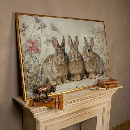 Fluffy Bunny with Spring Wildflowers Canvas in rose gold floating frame