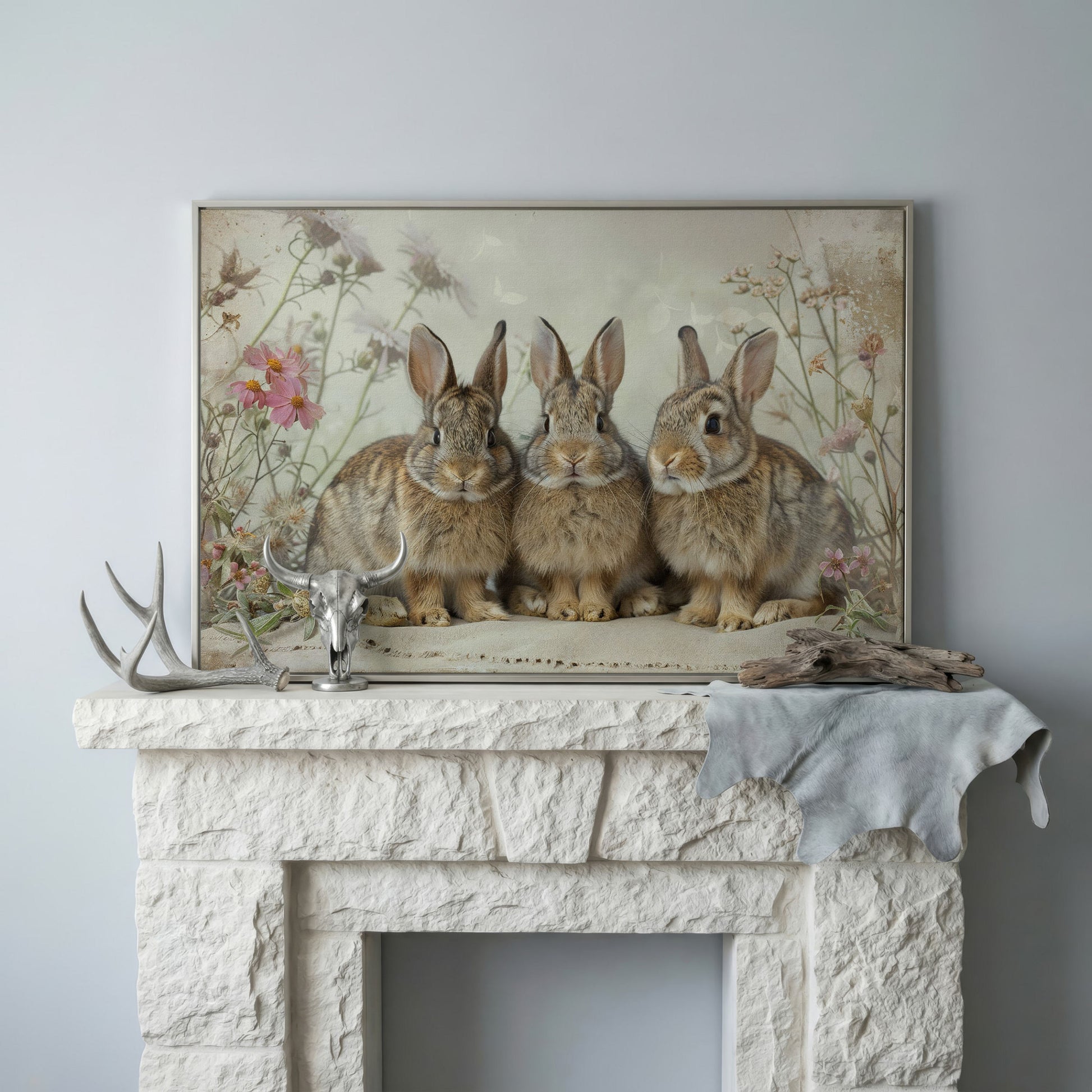 Fluffy Bunny with Spring Wildflowers Canvas in silver floating frame