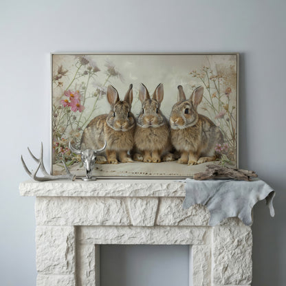 Fluffy Bunny with Spring Wildflowers Canvas in silver floating frame