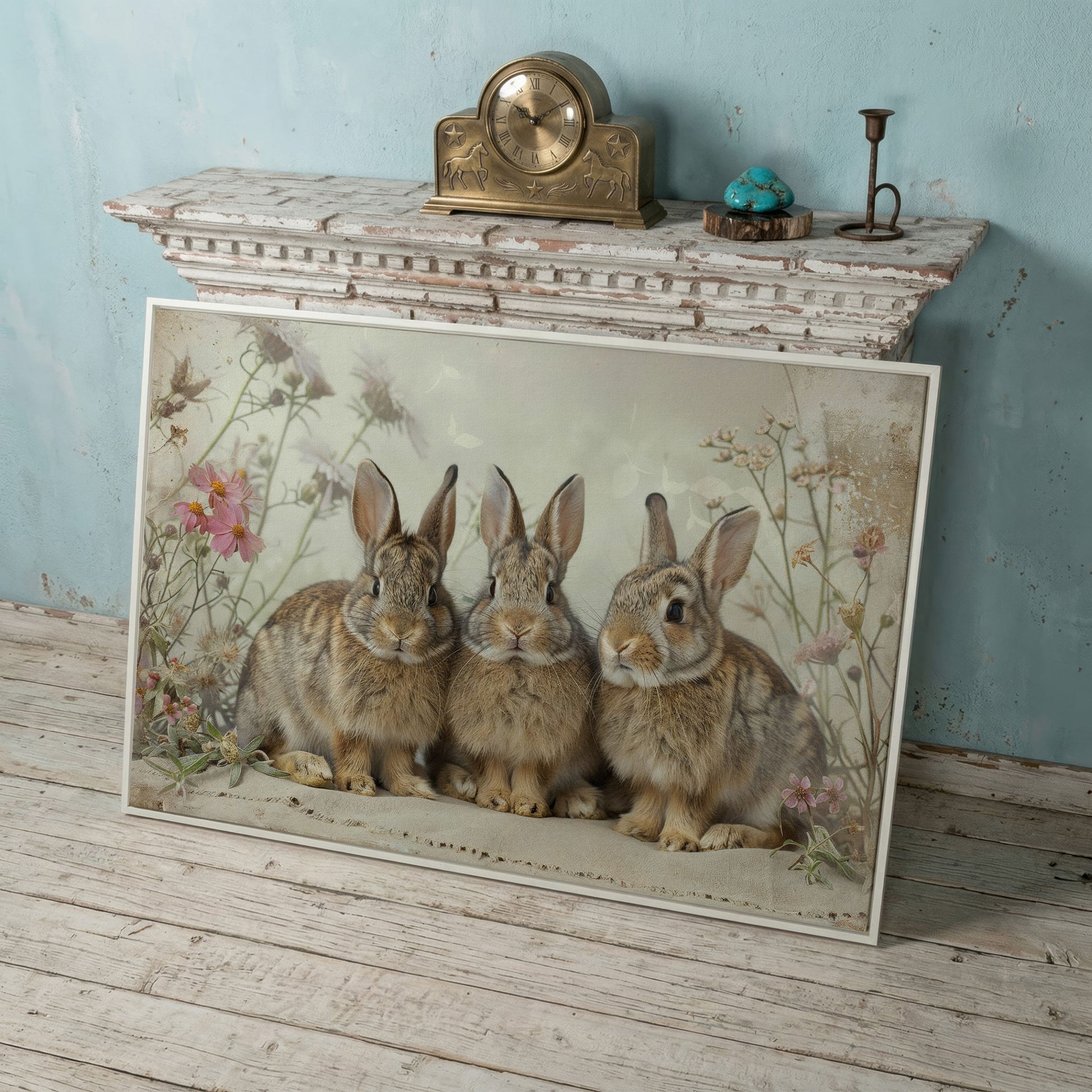 Fluffy Bunny with Spring Wildflowers Canvas in white floating frame
