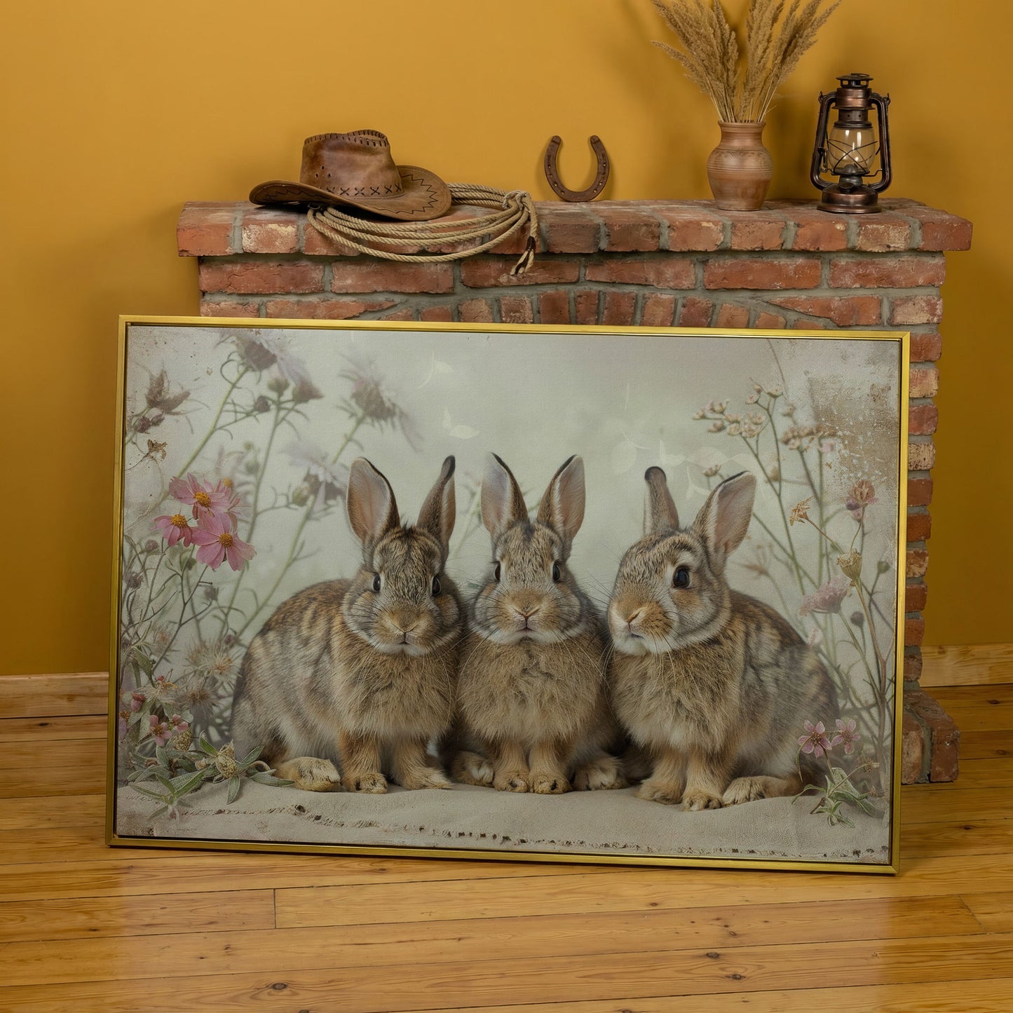 Fluffy Bunny with Spring Wildflowers Canvas in yellow gold floating frame