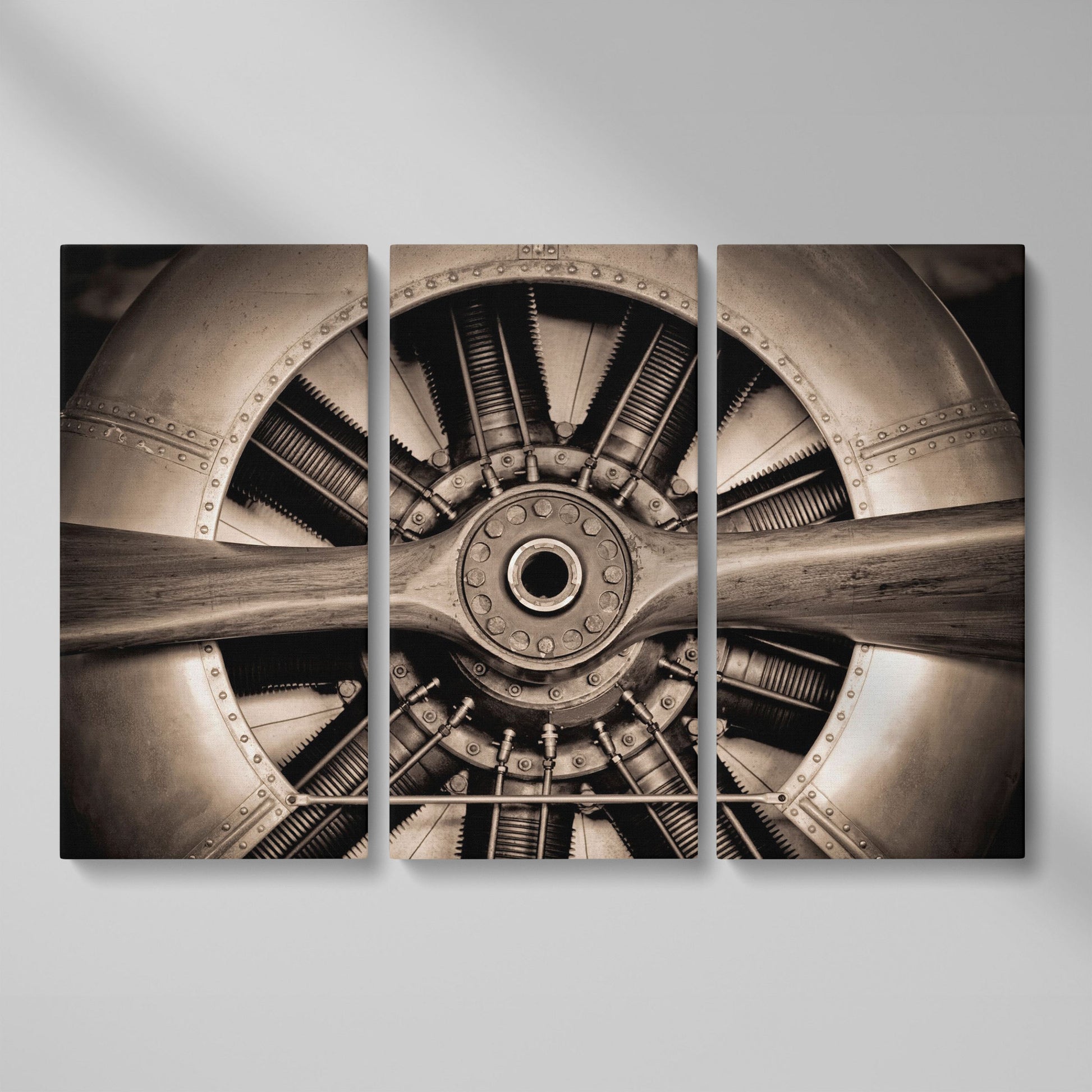 Vintage Aircraft Engine Canvas Wall Art as 3-panel split version