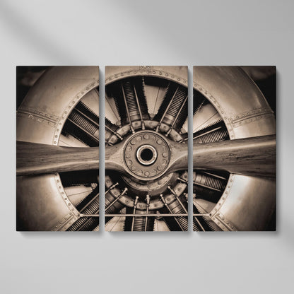 Vintage Aircraft Engine Canvas Wall Art as 3-panel split version