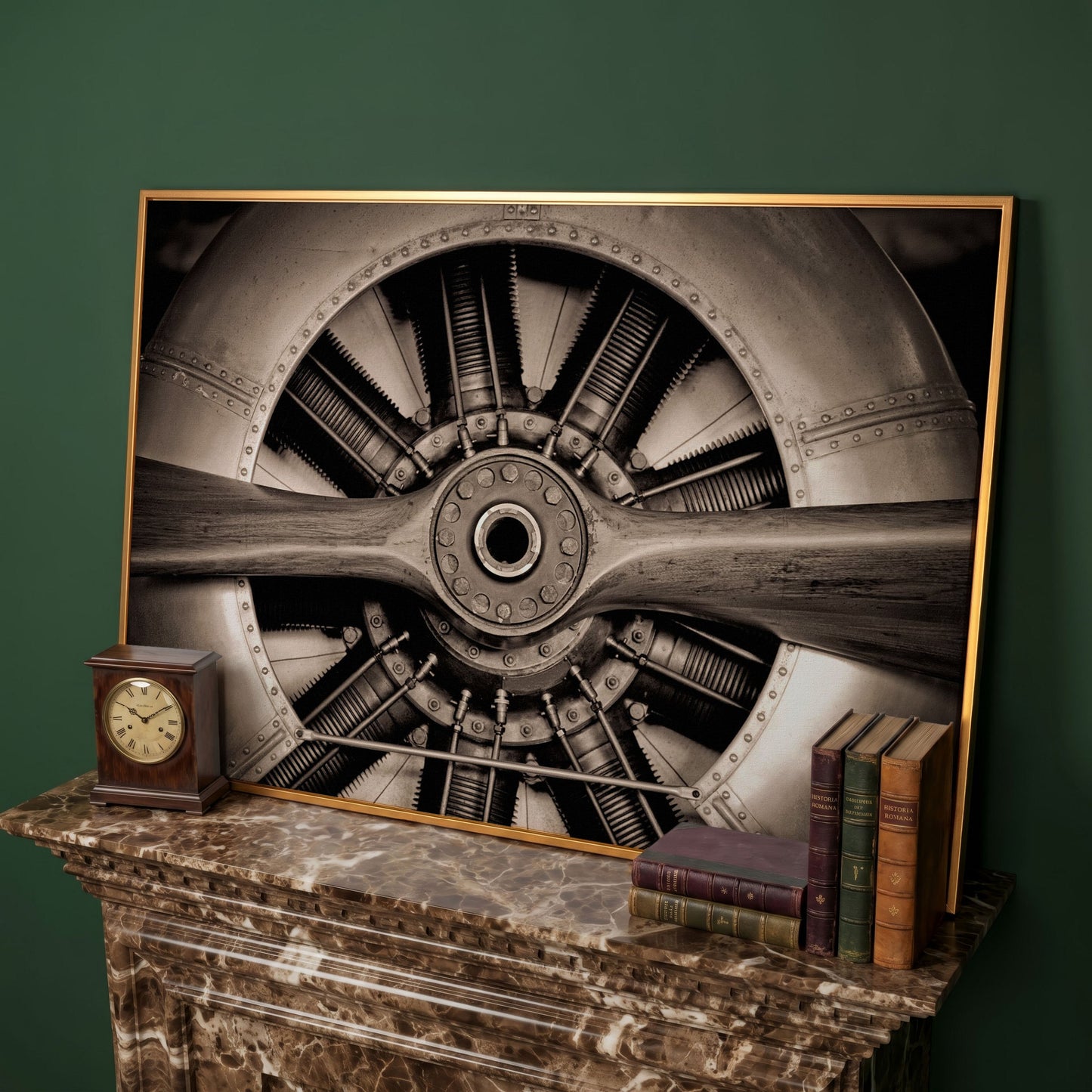 Vintage Aircraft Engine Canvas Wall Art in antique gold floating frame