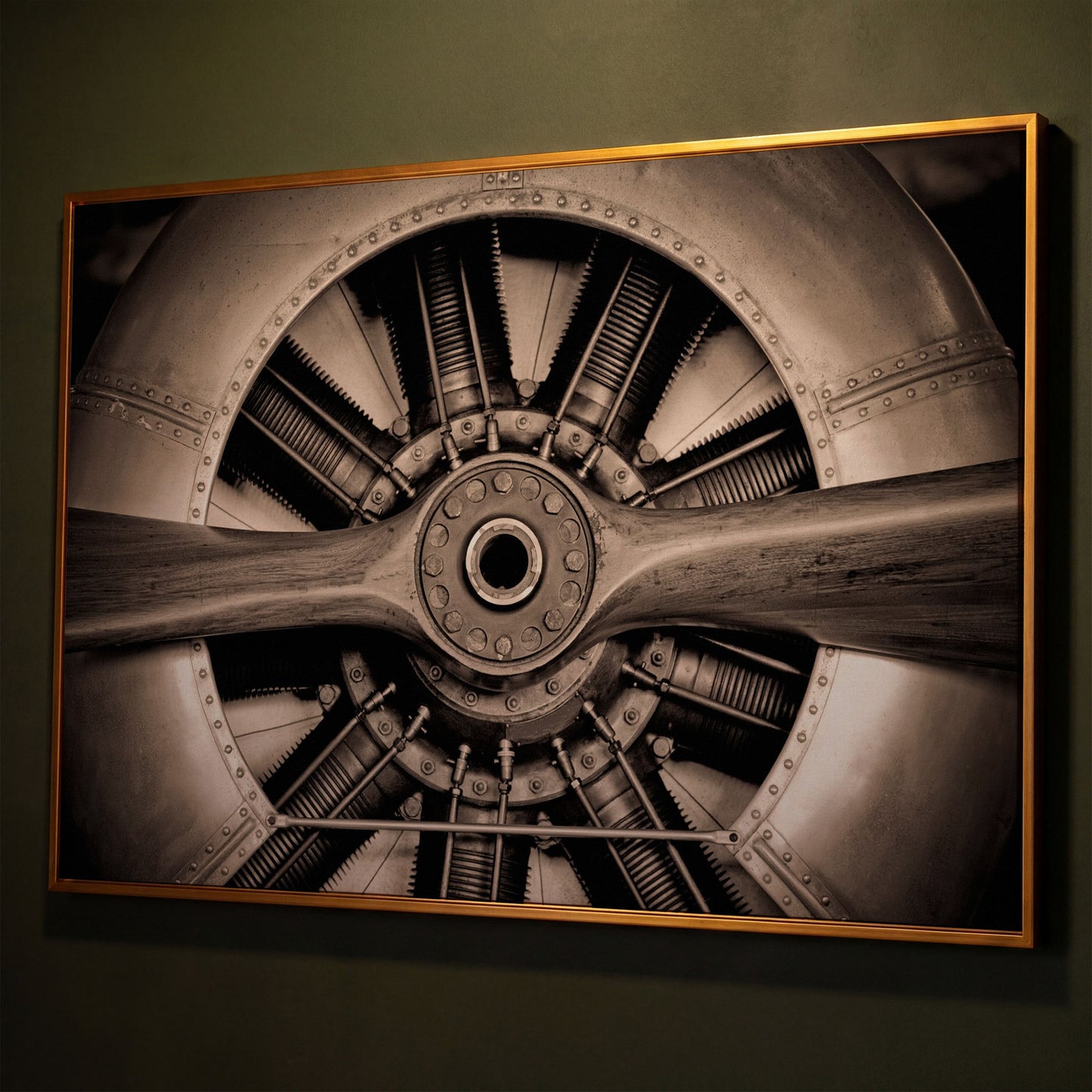 Vintage Aircraft Engine Canvas Wall Art shown in antique gold floating frame