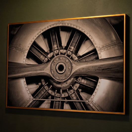 Vintage Aircraft Engine Canvas Wall Art shown in antique gold floating frame