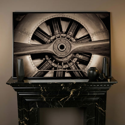 Vintage Aircraft Engine Canvas Wall Art in black floating frame