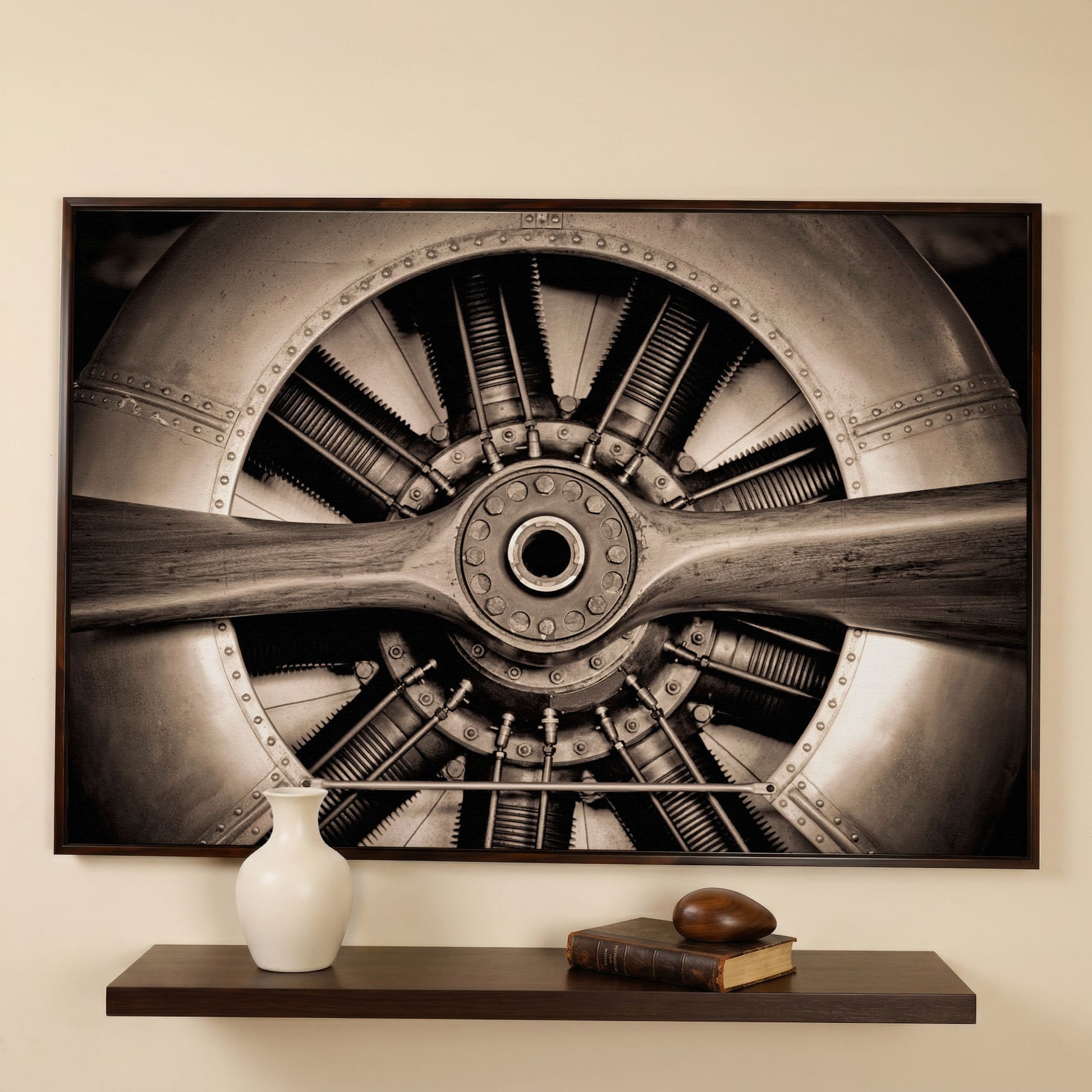Vintage Aircraft Engine Canvas Wall Art in dark walnut floating frame