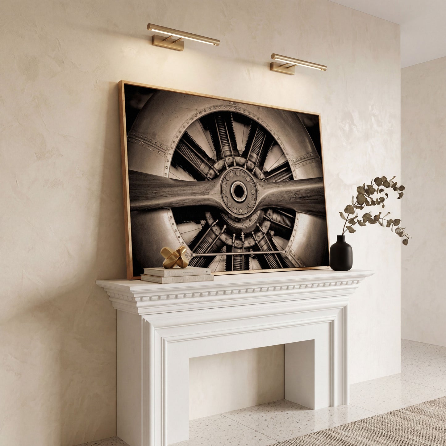Vintage Aircraft Engine Canvas Wall Art in white oak floating frame
