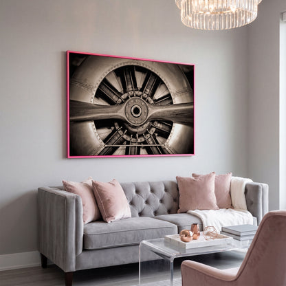 Vintage Aircraft Engine Canvas Wall Art in pink floating frame