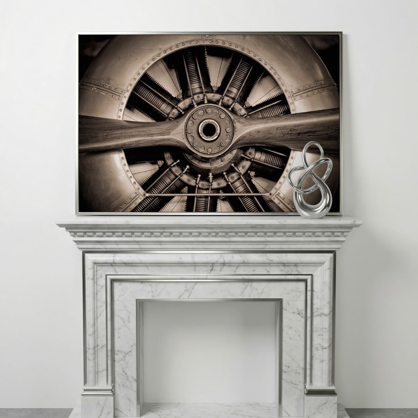 Vintage Aircraft Engine Canvas Wall Art in silver floating frame