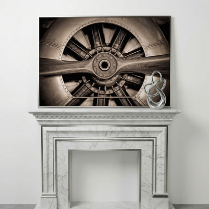 Vintage Aircraft Engine Canvas Wall Art in silver floating frame