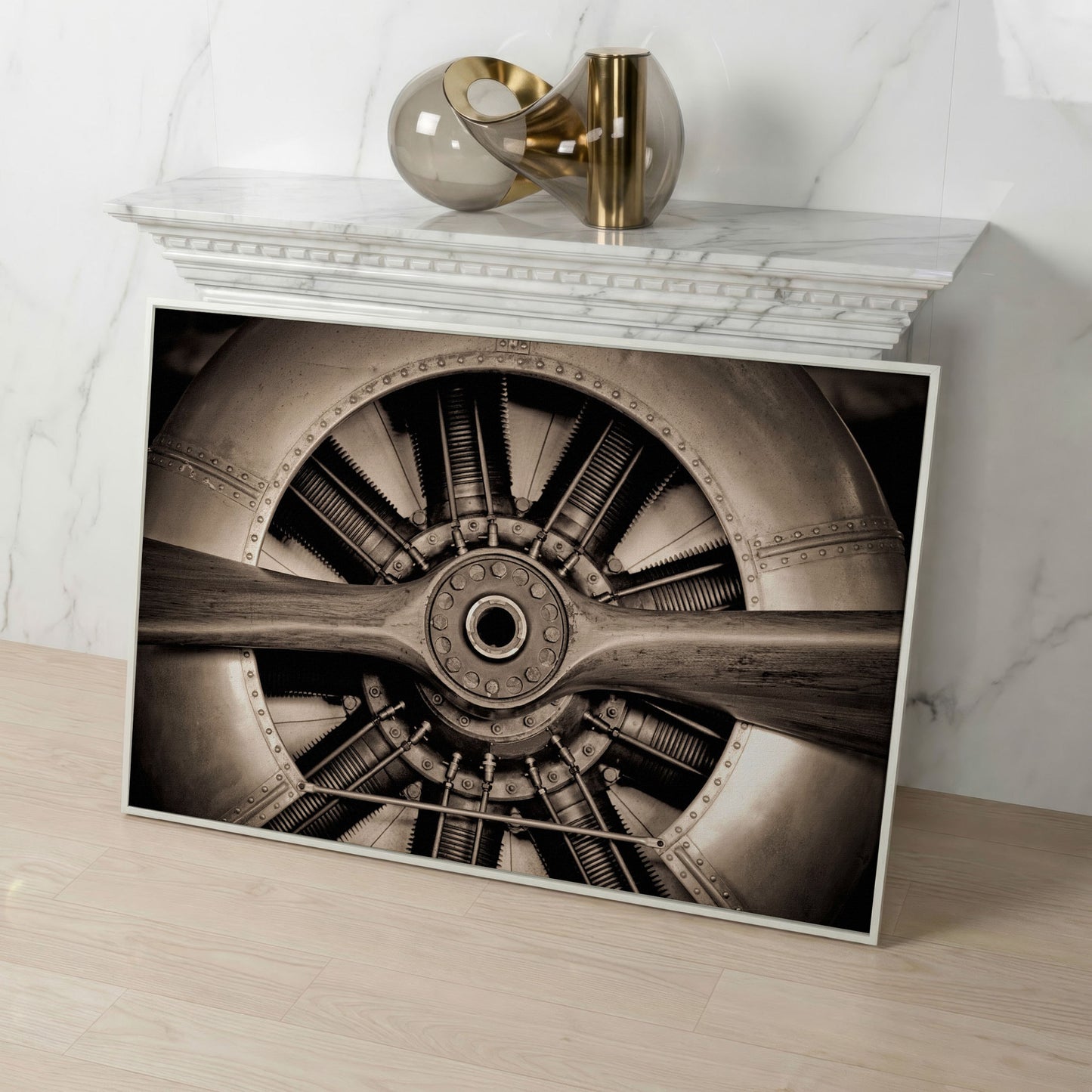 Vintage Aircraft Engine Canvas Wall Art in white floating frame