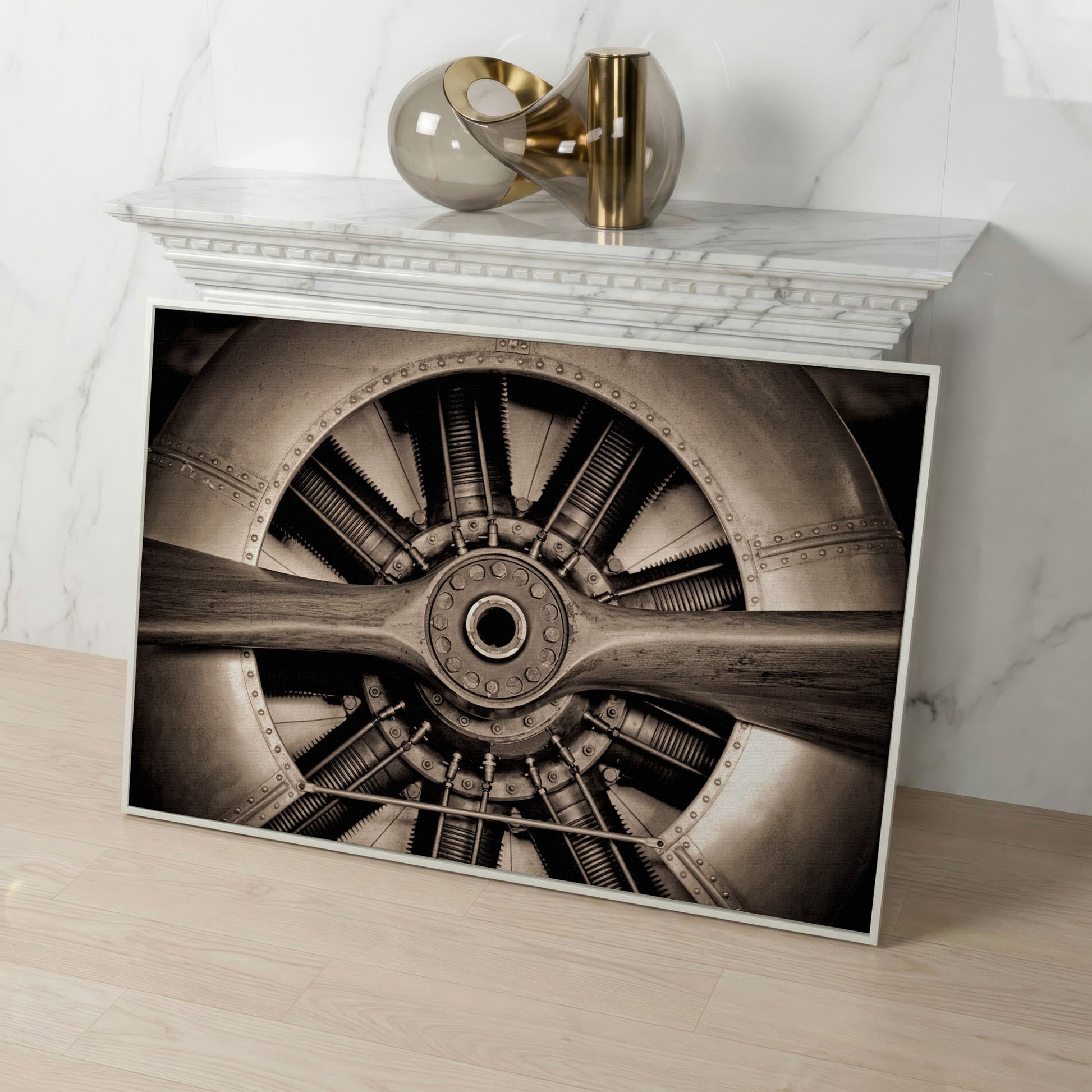 Vintage Aircraft Engine Canvas Wall Art in white floating frame
