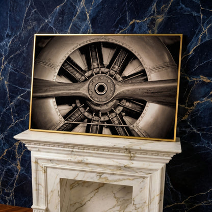 Vintage Aircraft Engine Canvas Wall Art in yellow gold floating frame