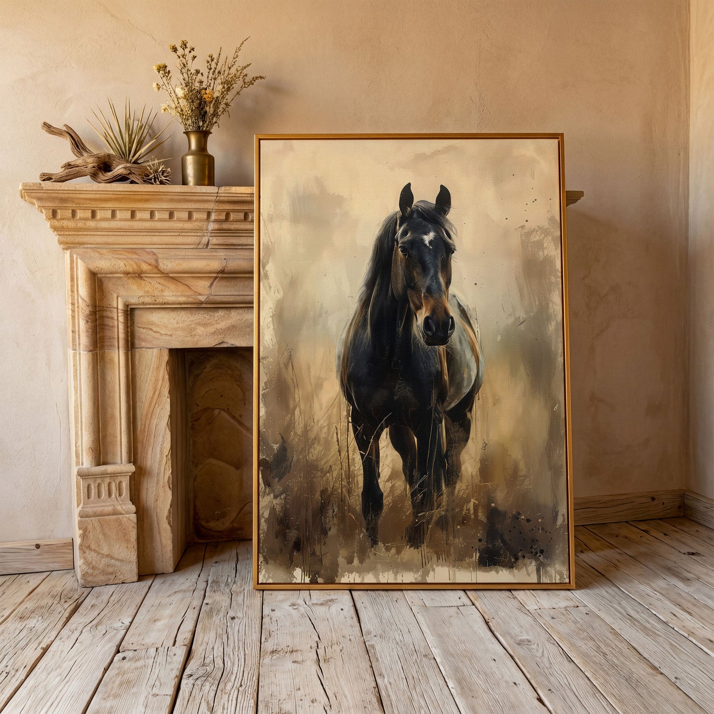 Enchanted Black Horse in Abstract Grass Canvas in antique gold floating frame