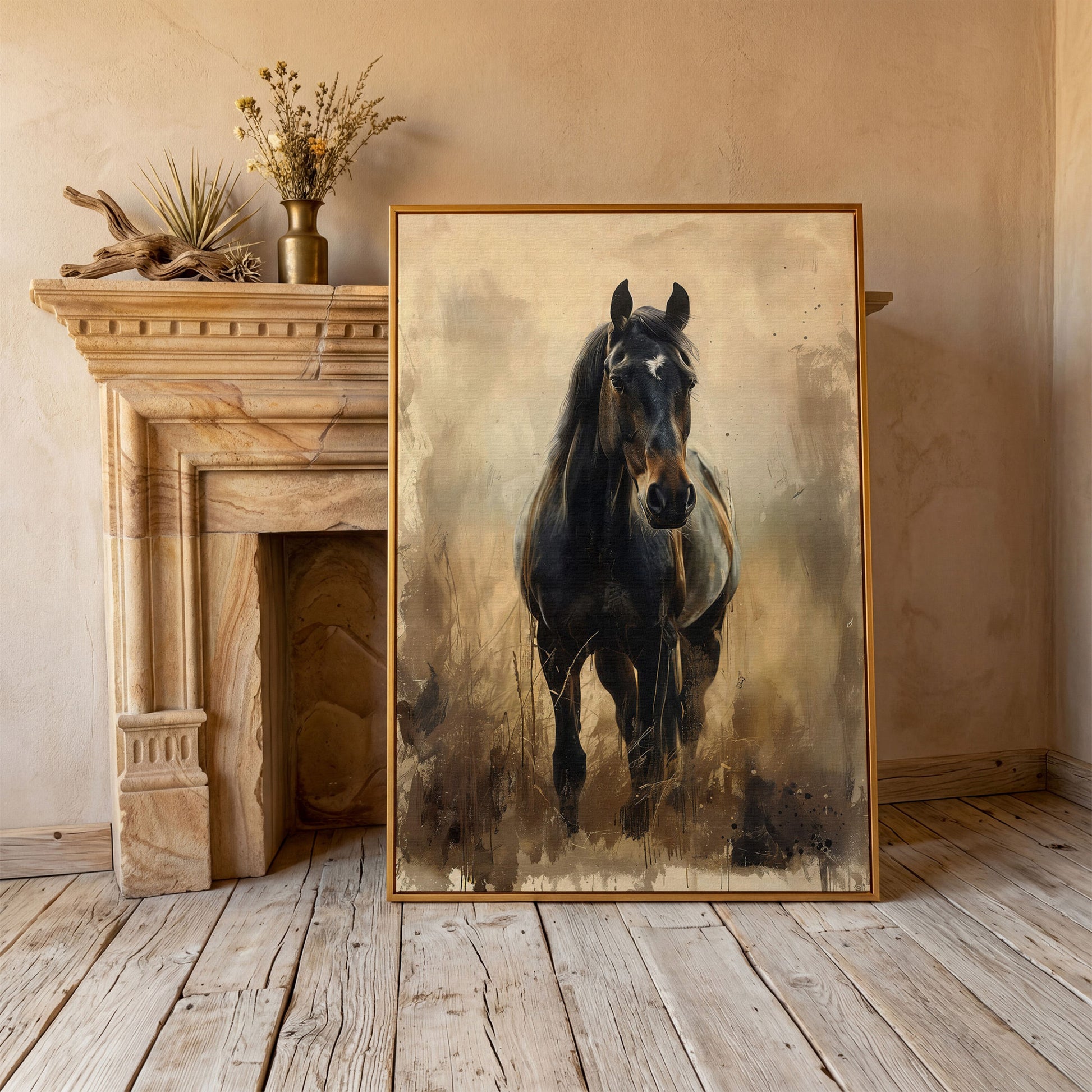 Enchanted Black Horse in Abstract Grass Canvas in antique gold floating frame