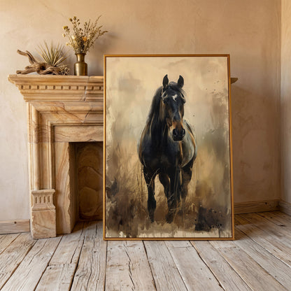 Enchanted Black Horse in Abstract Grass Canvas in antique gold floating frame