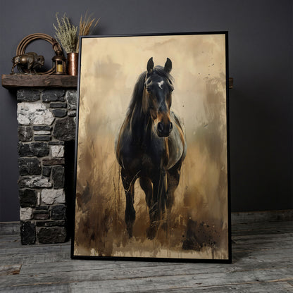 Enchanted Black Horse in Abstract Grass Canvas in black floating frame