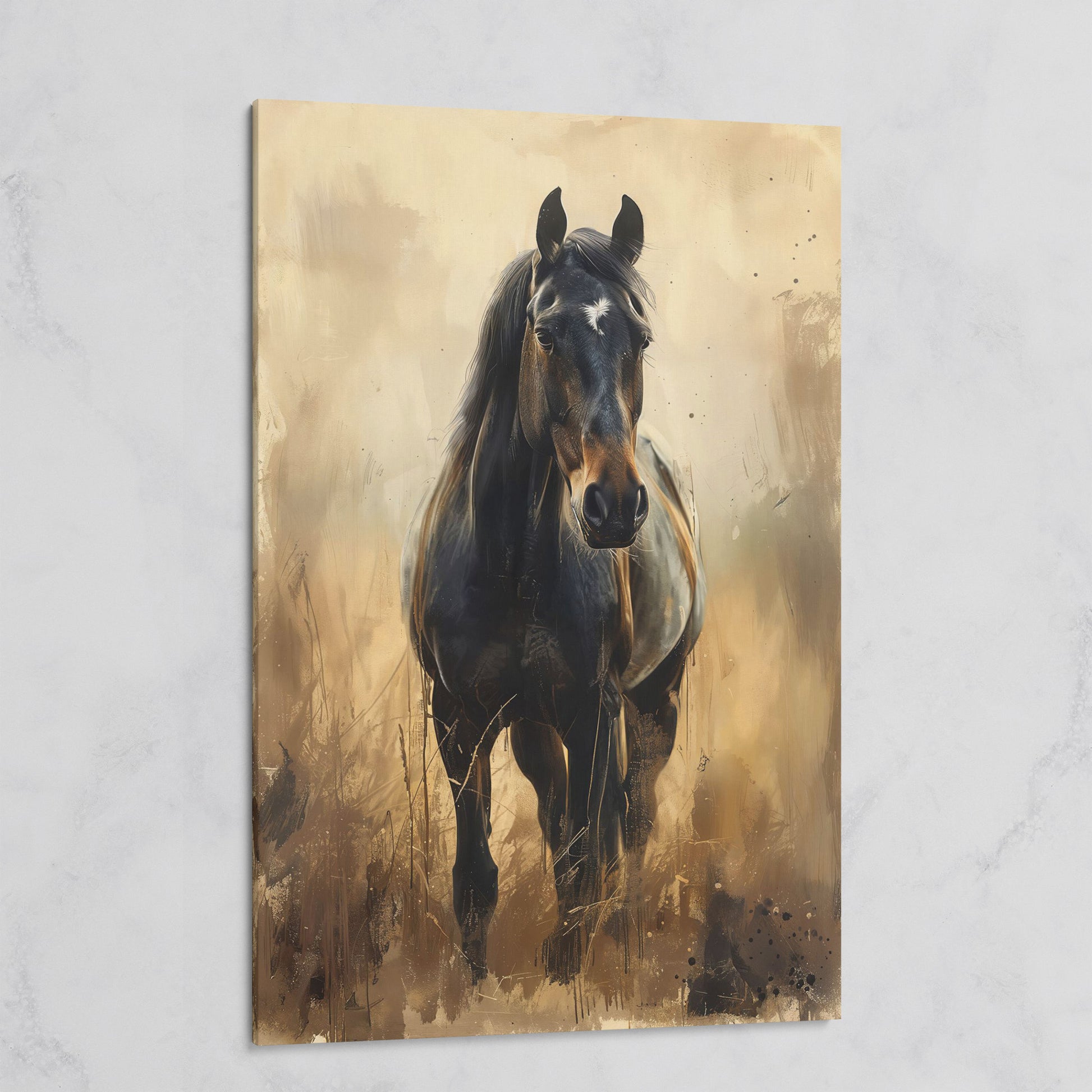 Enchanted Black Horse in Abstract Grass Canvas on gallery wrap