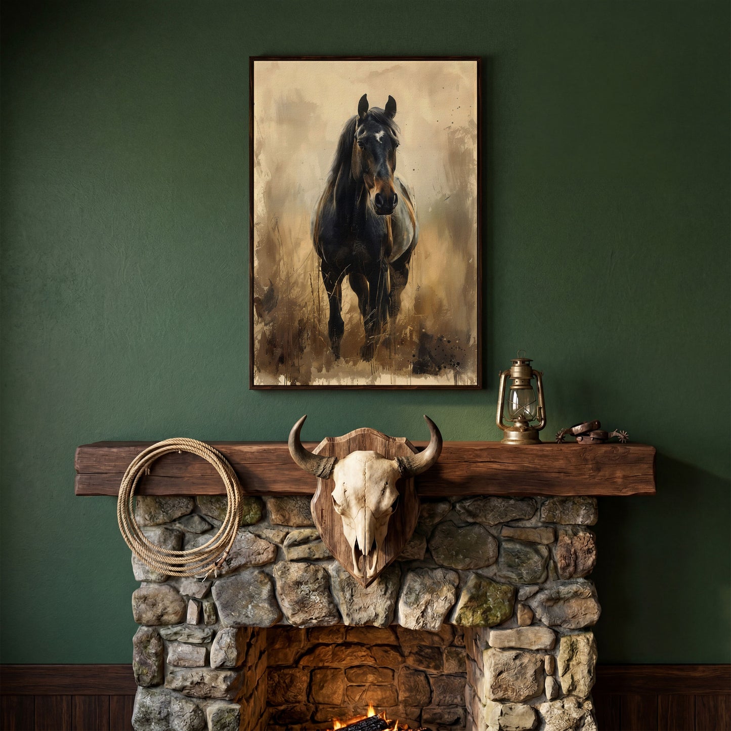 Enchanted Black Horse in Abstract Grass Canvas in dark walnut floating frame