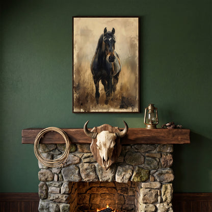 Enchanted Black Horse in Abstract Grass Canvas in dark walnut floating frame