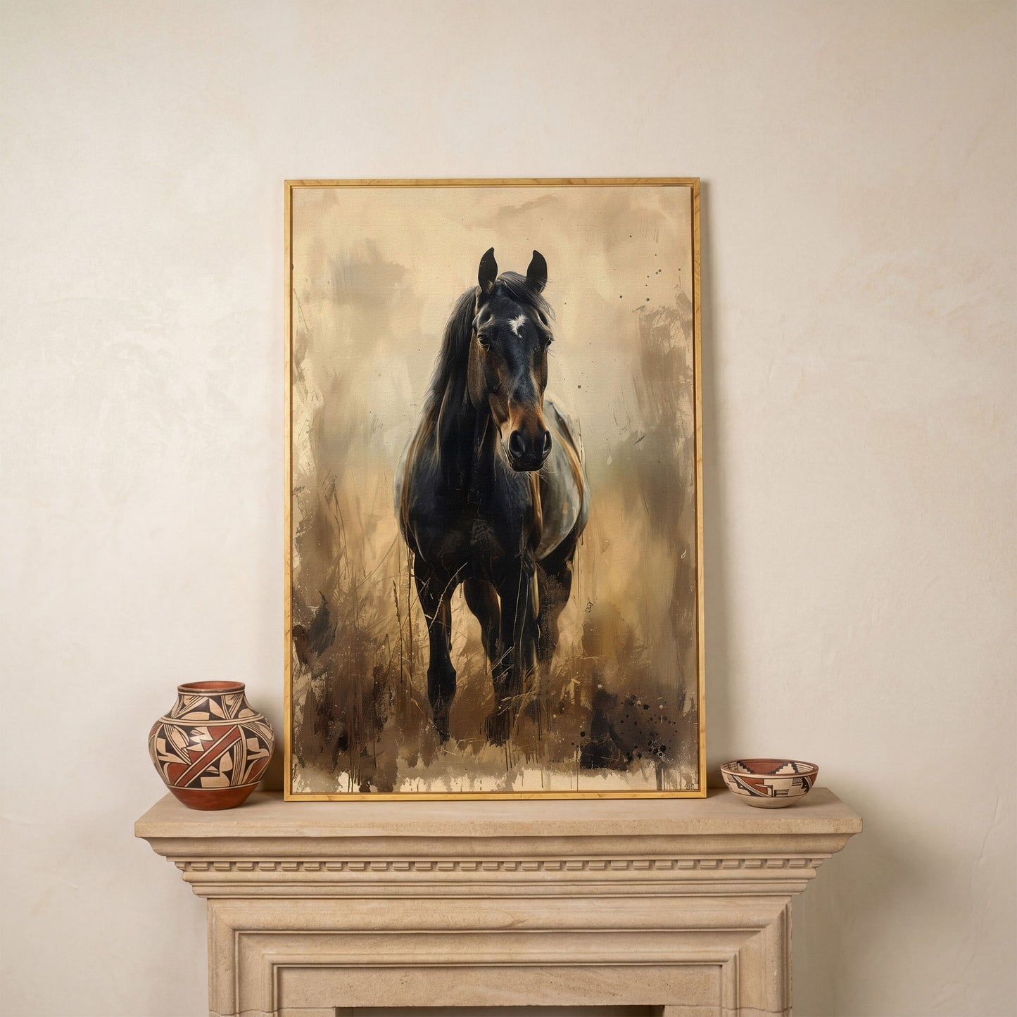 Enchanted Black Horse in Abstract Grass Canvas in white oak floating frame