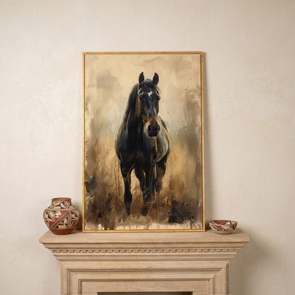 Enchanted Black Horse in Abstract Grass Canvas in white oak floating frame