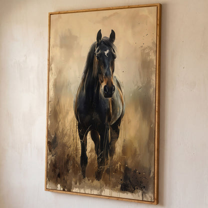 Enchanted Black Horse in Abstract Grass Canvas shown in white oak floating frame