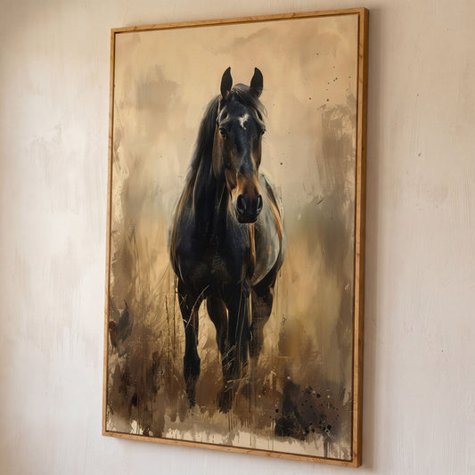 Enchanted Black Horse in Abstract Grass Canvas shown in white oak floating frame