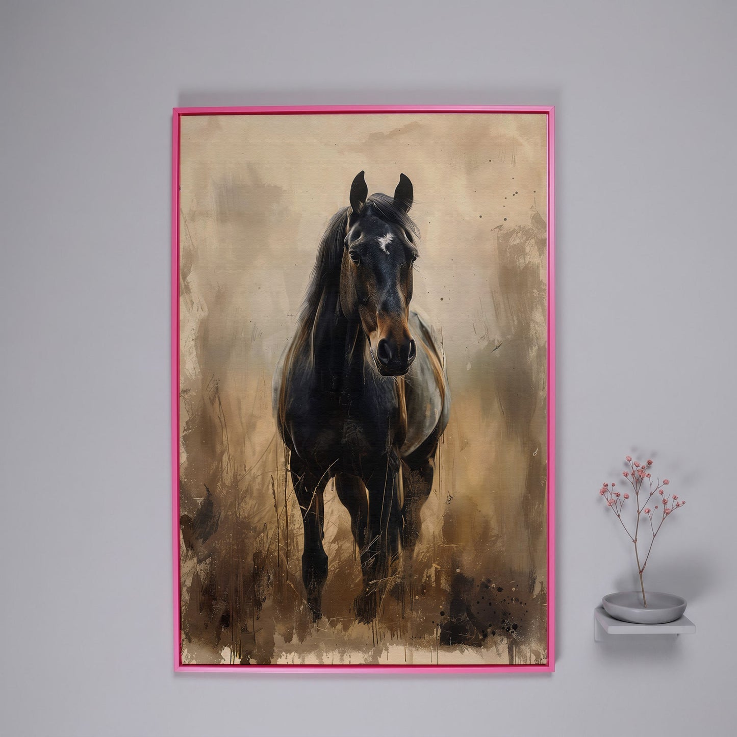 Enchanted Black Horse in Abstract Grass Canvas in pink floating frame