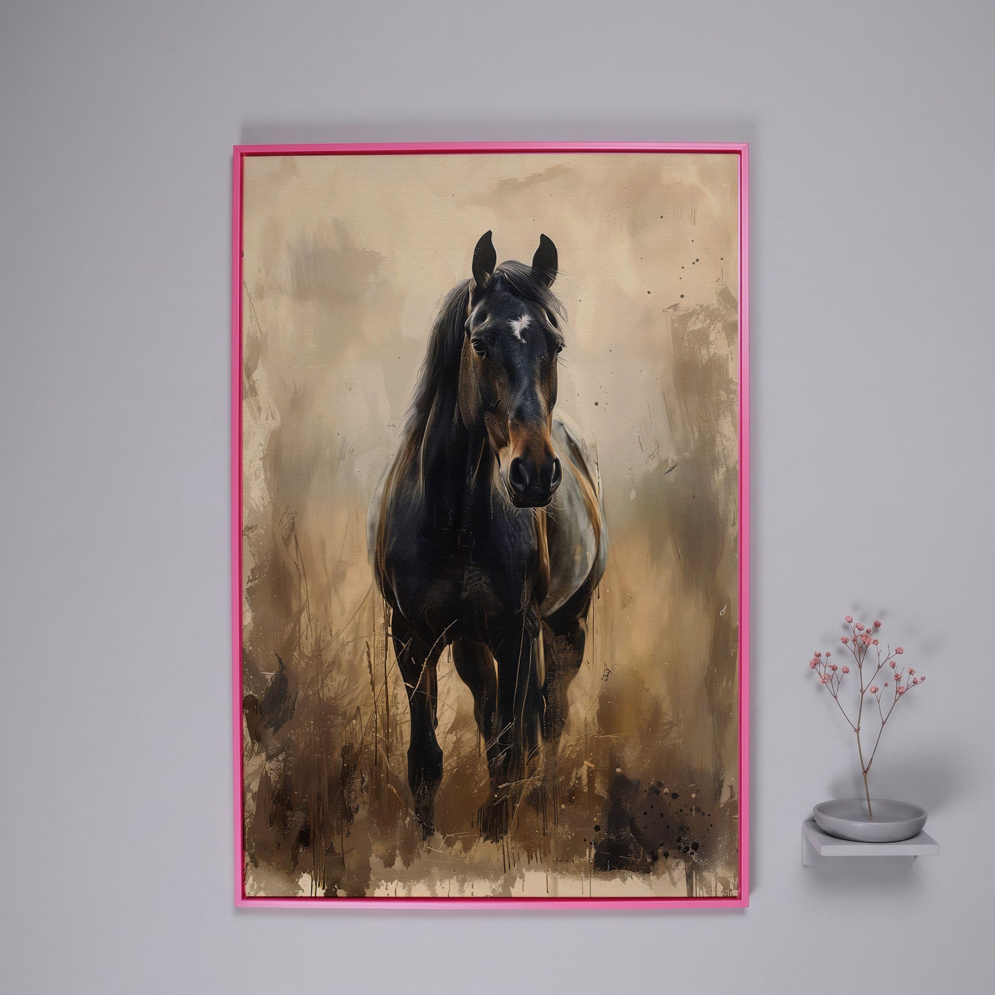 Enchanted Black Horse in Abstract Grass Canvas in pink floating frame